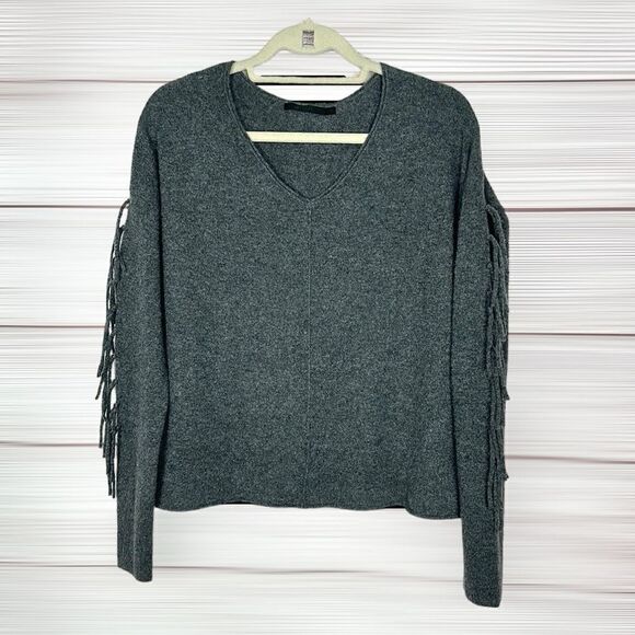 RAFFI Cashmere V-Neck Fringe Sleeve Boho Sweater Iron Gray Short Boxy Style M - Picture 1 of 10